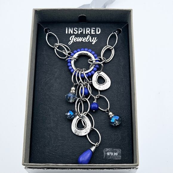 Beaded Drop Dangle Pendant Necklace Navy Blue With Silver Chain Artsy Festival - Picture 1 of 4